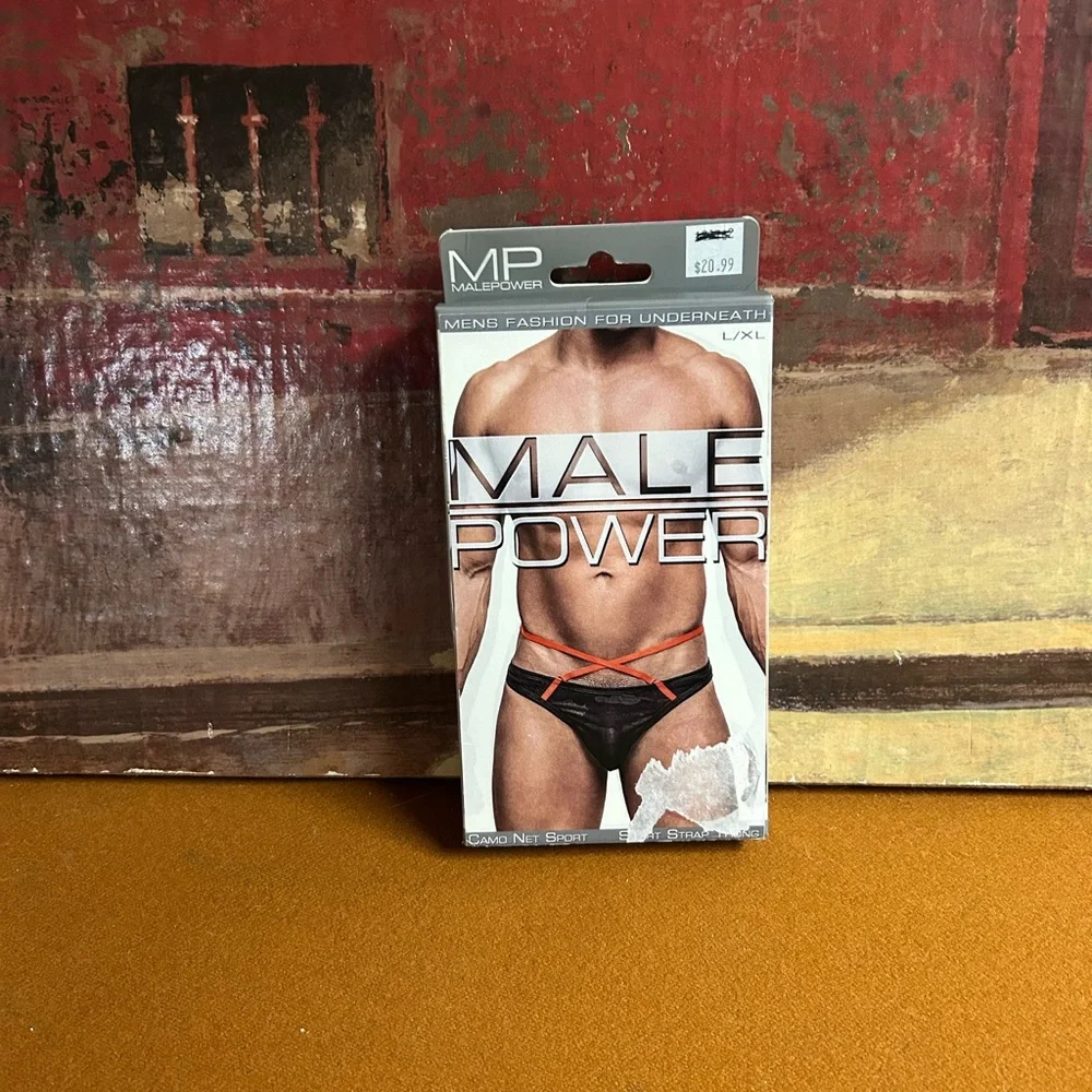 Male Power Camo Sport Net Sport‎ Strap Thong L/XL Black Orange 412-243